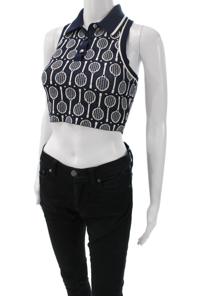 Tory Burch Womens Cropped Tennis Polo Blue Collared Sleeveless Viscose Size XS