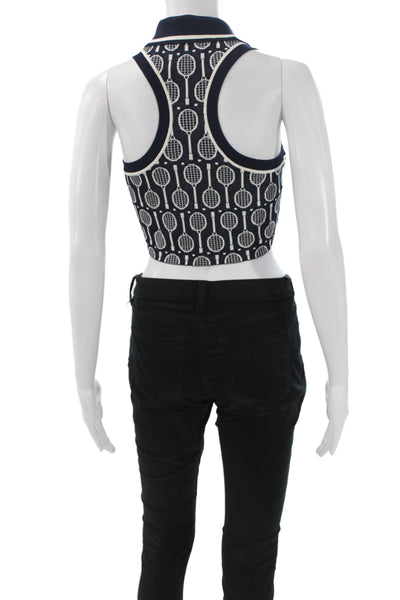Tory Burch Womens Cropped Tennis Polo Blue Collared Sleeveless Viscose Size XS