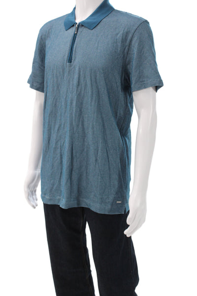 Boss Hugo Boss Mens Blue Cotton Geometric Collared Short Sleeve Polo Size XL