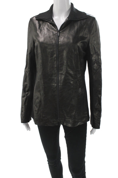 Lafayette 148 New York Womens Basic Leather Jacket Black Zip Long Sleeve Size 8