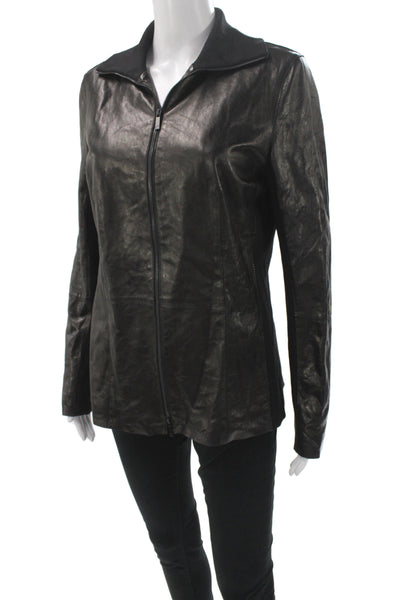 Lafayette 148 New York Womens Basic Leather Jacket Black Zip Long Sleeve Size 8