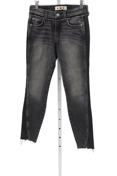 Amo Women Skinny Jeans Black Mid-Rise Cotton Blend Button Size 24