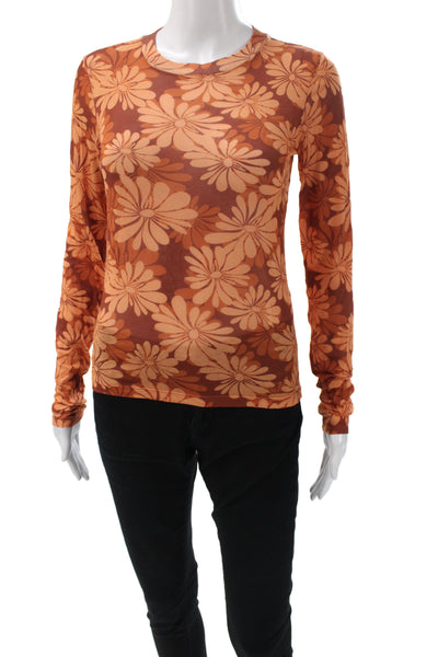 Re/Done Womens Basic Floral Long Sleeve Crew Neck Orange T-Shirt Size XS