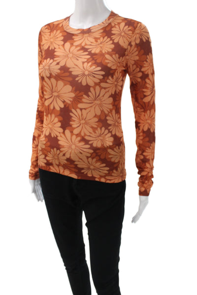 Re/Done Womens Basic Floral Long Sleeve Crew Neck Orange T-Shirt Size XS
