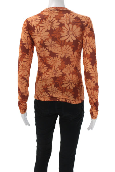 Re/Done Womens Basic Floral Long Sleeve Crew Neck Orange T-Shirt Size XS