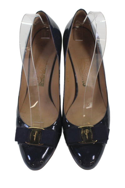 Salvatore Ferragamo Patent Leather Vara Bow Buckle  Carla Pumps Blue  Size 9.5
