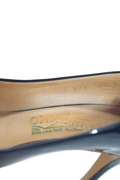 Salvatore Ferragamo Patent Leather Vara Bow Buckle  Carla Pumps Blue  Size 9.5