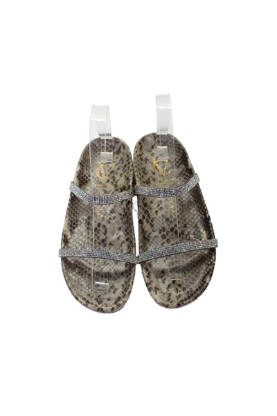 Vince Camuto Women's  Leather Python Print Double Strap Sandals Brown Size 6