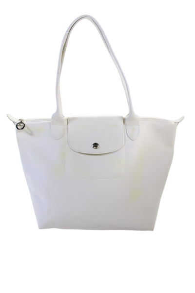 Longchamp Women's Nylon Folded Snap Closure Top Handle Handbag  Handbag White