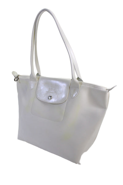 Longchamp Women's Nylon Folded Snap Closure Top Handle Handbag  Handbag White