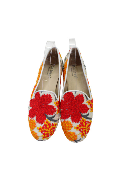 Jon Josef Womens Slip On Canvas Floral Embroidered Loafers White Red Size 8M