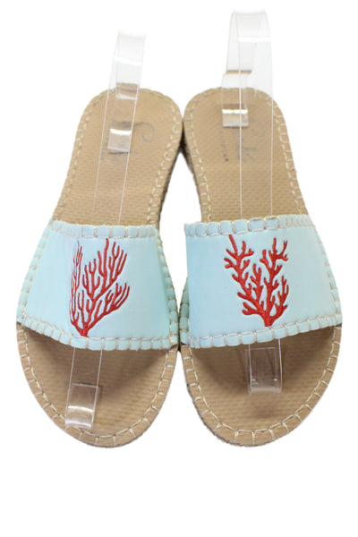 Sea Star Womens Neoprene Coral Embroidered Slide Sandals Blue Red Size 7