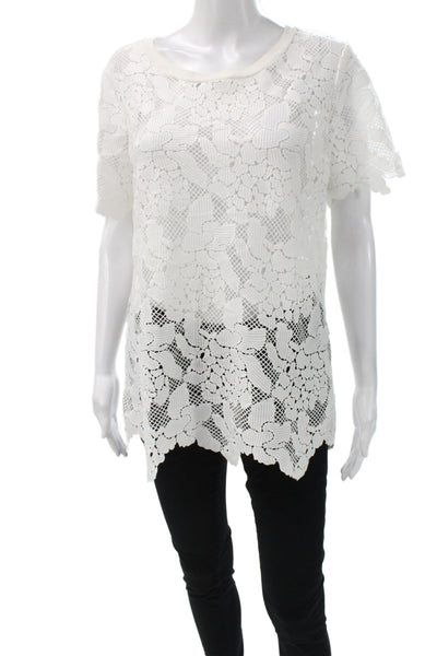 Three Dots Womens Bohemian Floral Lace Tunic Short Sleeve White Size L