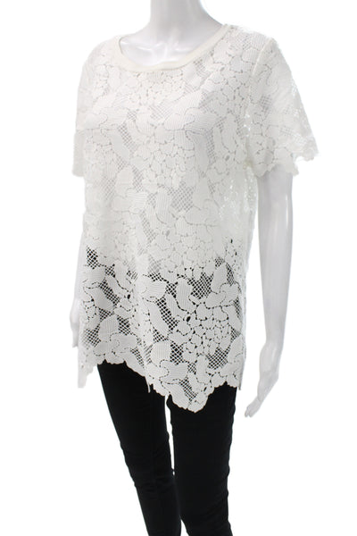 Three Dots Womens Bohemian Floral Lace Tunic Short Sleeve White Size L