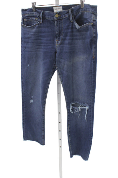 Frame Womens Cropped Distressed Blue Cotton Jeans Mid Rise 26 Inseam Size 31