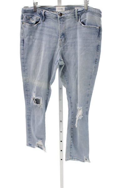 Frame Womens Straight Blue Cotton Jeans Button Mid Rise Distressed Size 32