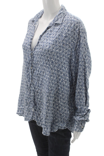 Frank & Eileen Womens Floral Collared Button-Up Modal Blue Long Sleeve Size XL