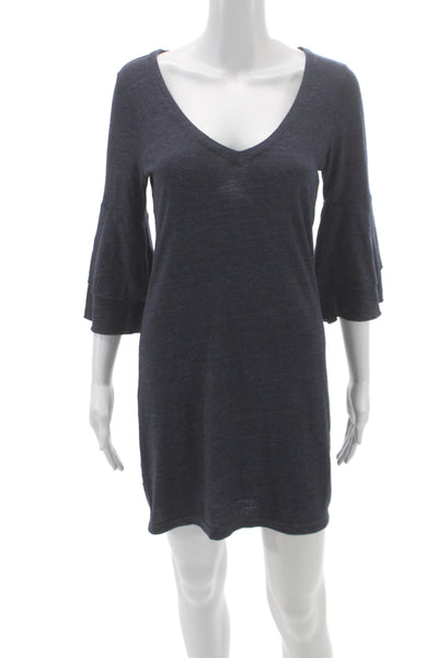 Chaser Women Mini Knit V-Neck Gray Dress 3/4 Sleeve Bohemian Size M