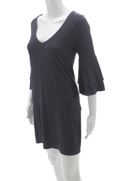 Chaser Women Mini Knit V-Neck Gray Dress 3/4 Sleeve Bohemian Size M