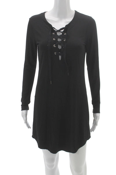 David Lerner Women Gothic Mini Black V-Neck Lace Up Long Sleeve Dress Size S