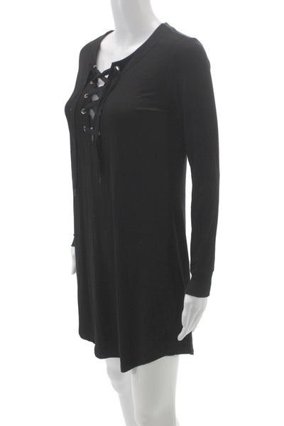 David Lerner Women Gothic Mini Black V-Neck Lace Up Long Sleeve Dress Size S