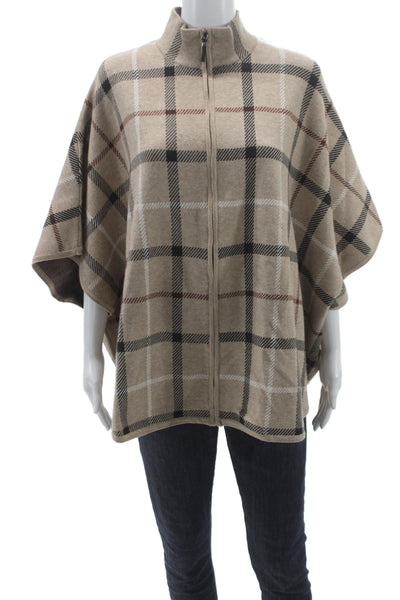 Tahari Womens Cape Sweater Beige Viscose Mock Neck 3/4 Sleeve Plaid Fall Size L