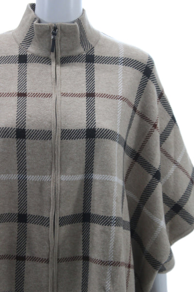 Tahari Womens Cape Sweater Beige Viscose Mock Neck 3/4 Sleeve Plaid Fall Size L