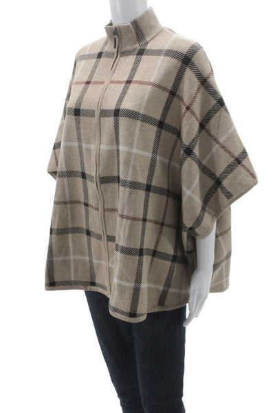 Tahari Womens Cape Sweater Beige Viscose Mock Neck 3/4 Sleeve Plaid Fall Size L