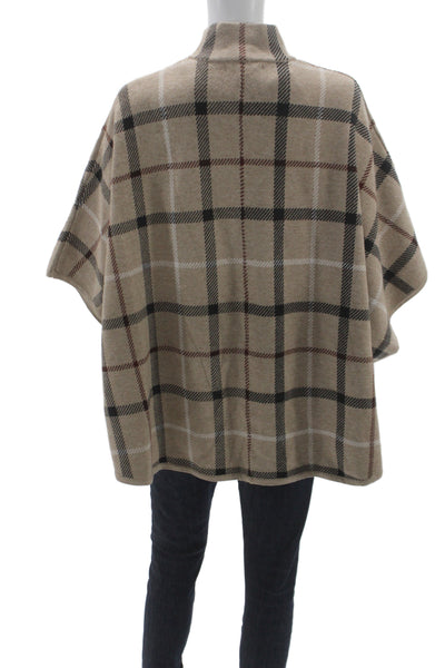 Tahari Womens Cape Sweater Beige Viscose Mock Neck 3/4 Sleeve Plaid Fall Size L