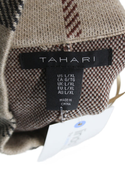 Tahari Womens Cape Sweater Beige Viscose Mock Neck 3/4 Sleeve Plaid Fall Size L