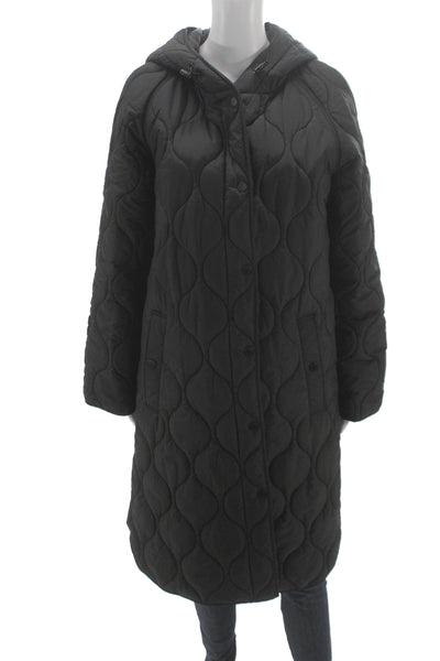 BCBGMAXAZRIA Womens Quilted Black Snap Coat Polyester Long Sleeve Size L