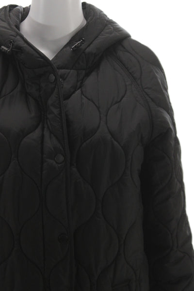 BCBGMAXAZRIA Womens Quilted Black Snap Coat Polyester Long Sleeve Size L