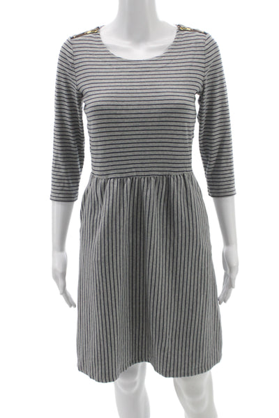 Boden Women Gray Striped A-Line Knee-Length Dress 3/4 Sleeve Nautical Size 6