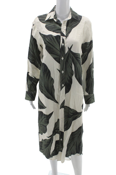 Emily Phillips Womens Shirt Dress Green Linen Midi Collared Long Sleeve Size 4