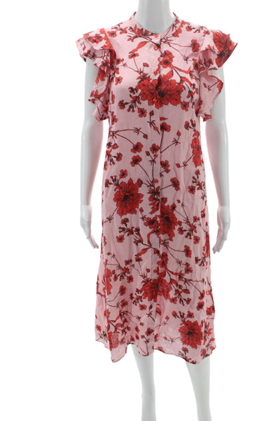 Zara Women Pink Linen Floral Shirt Dress Short Sleeve Mid-Calf Button Size XS