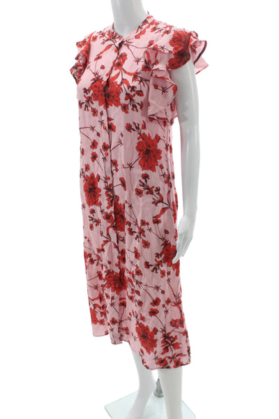 Zara Women Pink Linen Floral Shirt Dress Short Sleeve Mid-Calf Button Size XS