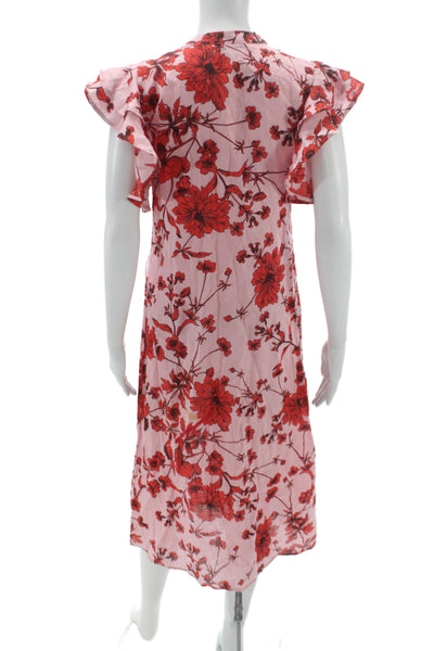 Zara Women Pink Linen Floral Shirt Dress Short Sleeve Mid-Calf Button Size XS