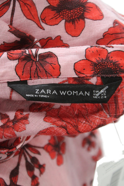 Zara Women Pink Linen Floral Shirt Dress Short Sleeve Mid-Calf Button Size XS
