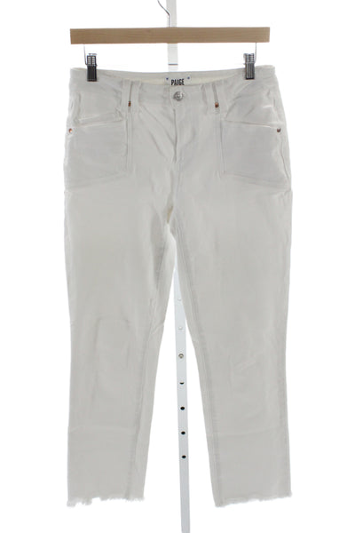 Paige Womens Cropped White Mid Rise Button Cotton Blend Jeans Size 28