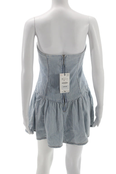 Zara Women Fit & Flare Denim Mini Dress Blue Off Shoulder Sleeveless Size M