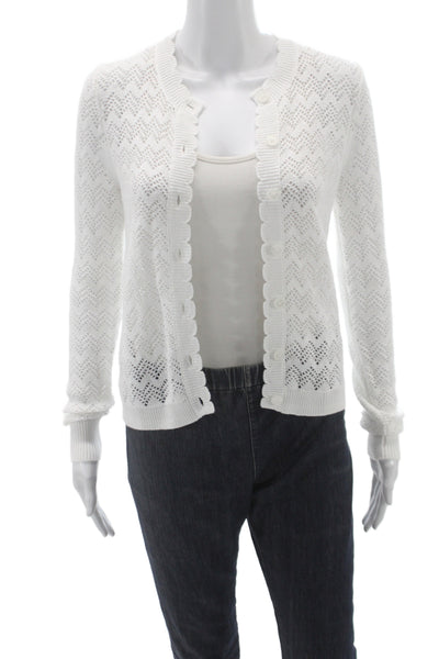 J Crew Women White Cotton Geometric Round Neck Cardigan Long Sleeve Size 2XS
