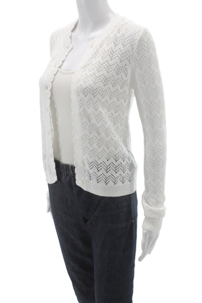 J Crew Women White Cotton Geometric Round Neck Cardigan Long Sleeve Size 2XS