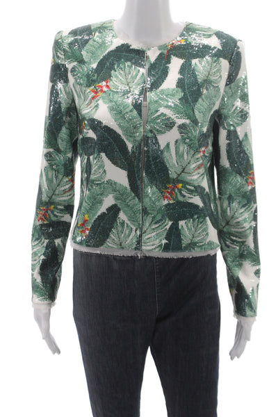 Rachel Zoe Women Green Floral Polyester Basic Jacket Long Sleeve Zip Size 2