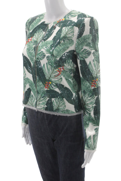 Rachel Zoe Women Green Floral Polyester Basic Jacket Long Sleeve Zip Size 2