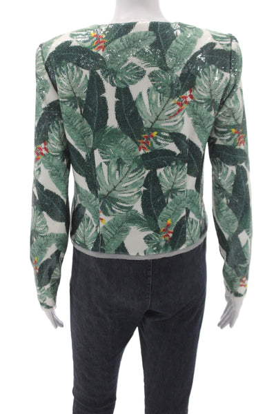 Rachel Zoe Women Green Floral Polyester Basic Jacket Long Sleeve Zip Size 2