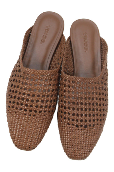 Vince Womens Woven Leather Slip On Flat Mules Shoes Brown Size 6M