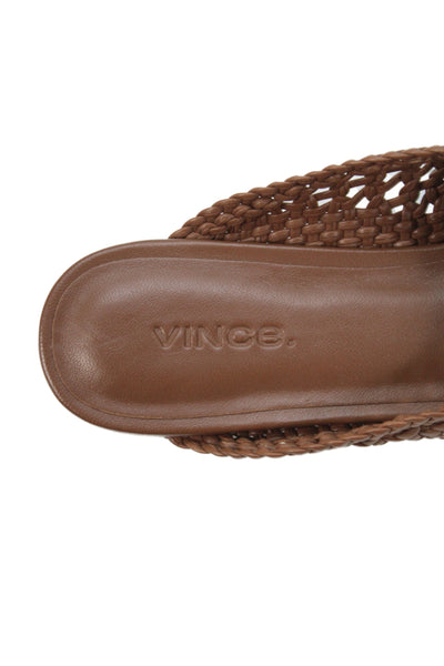 Vince Womens Woven Leather Slip On Flat Mules Shoes Brown Size 6M