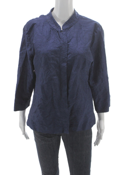 Eileen Fisher Womens Silk Collared Blue 3/4 Sleeve Basic Blouse Size L