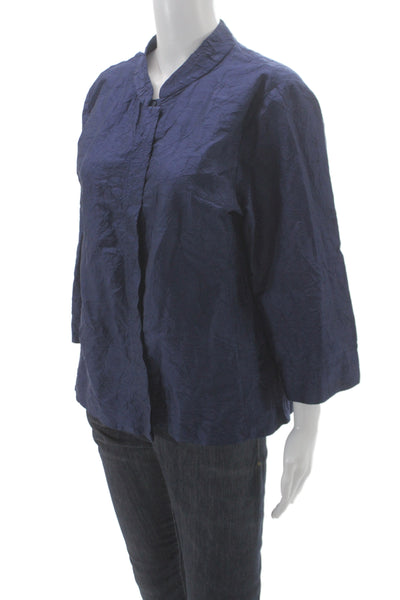 Eileen Fisher Womens Silk Collared Blue 3/4 Sleeve Basic Blouse Size L