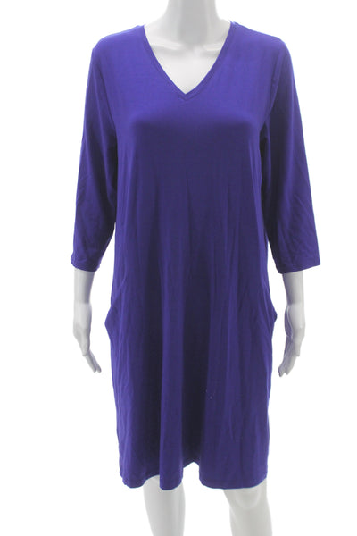 Eileen Fisher Women Purple T-Shirt Dress V-Neck 3/4 Sleeve Size M